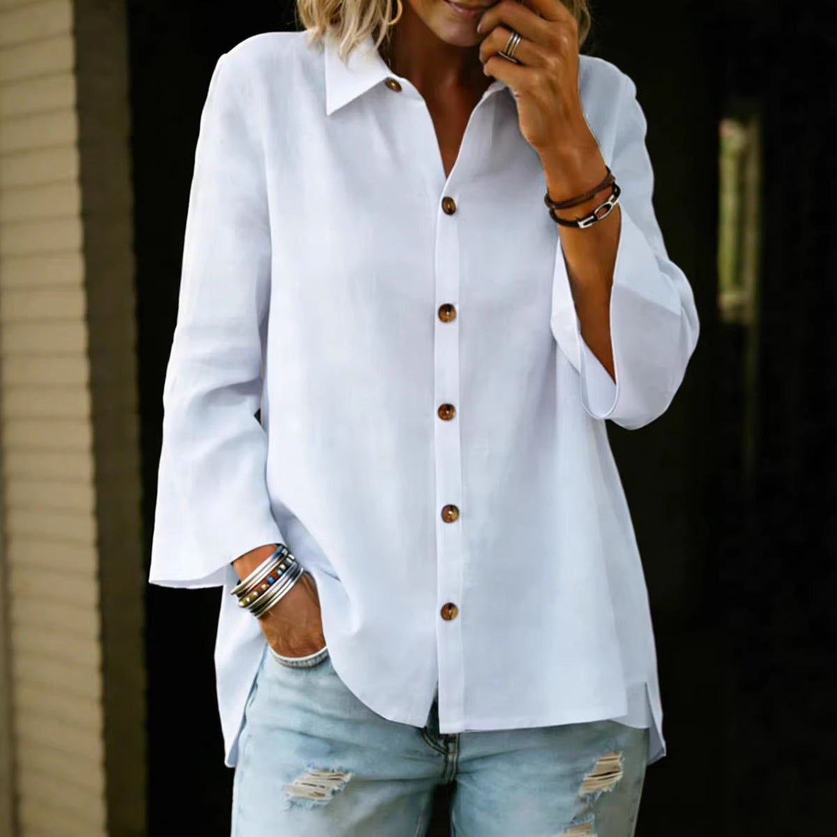Single-Breasted 3/4-Sleeve Blouse (S-3XL)
