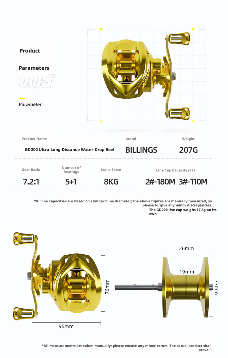 BILLINGS GD200 – Mulinello Casting Ultra-Long Distance – Elettroplaccato Oro, 7.2:1