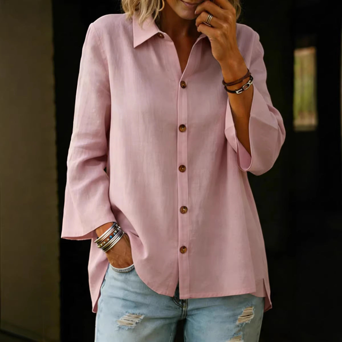 Single-Breasted 3/4-Sleeve Blouse (S-3XL)
