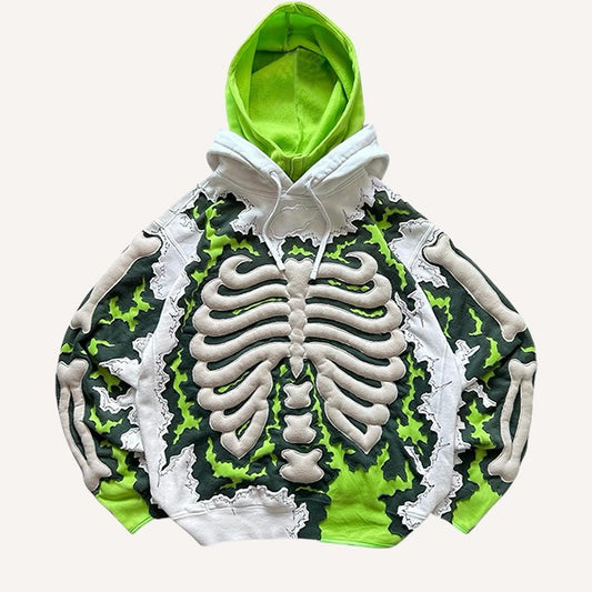 Felpa Neon Skeleton – Felpa con Cappuccio e Ossa 3D Verde Fluo
