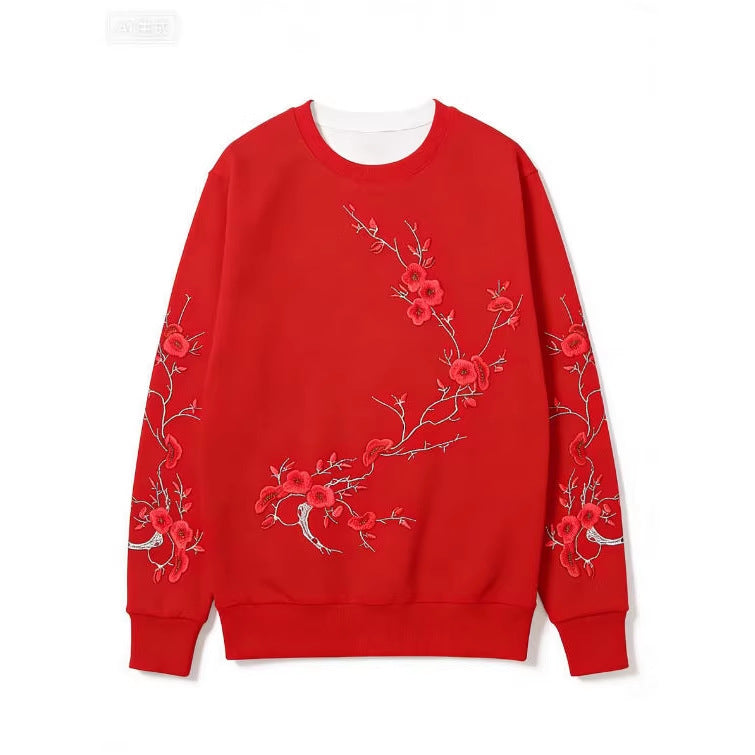 Sweatshirt Red Blossom – Girocollo Nero con Stampa Artistica Rami di Prugno (S-5XL)