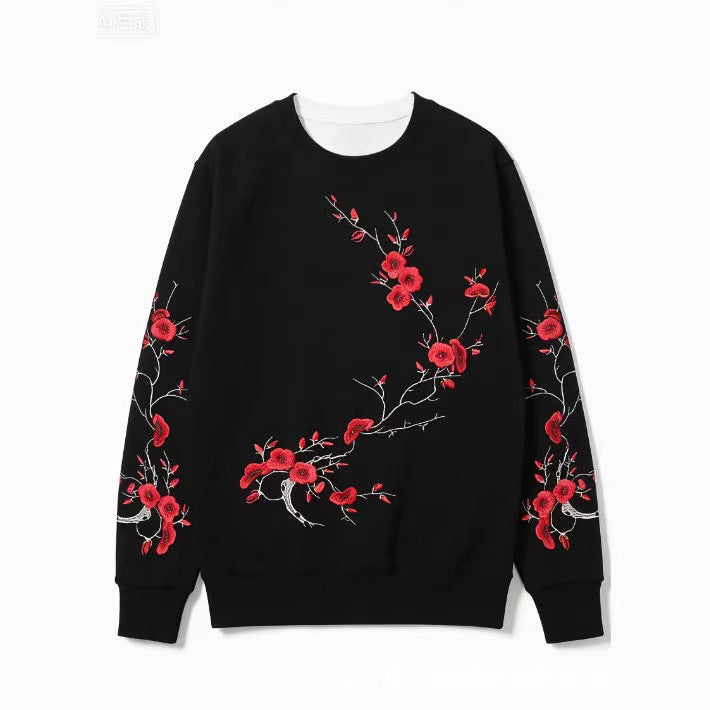 Sweatshirt Red Blossom – Girocollo Nero con Stampa Artistica Rami di Prugno (S-5XL)