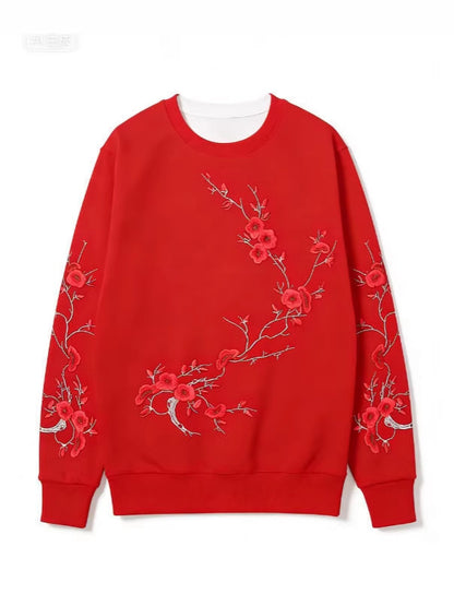 Sweatshirt Red Blossom – Girocollo Nero con Stampa Artistica Rami di Prugno (S-5XL)
