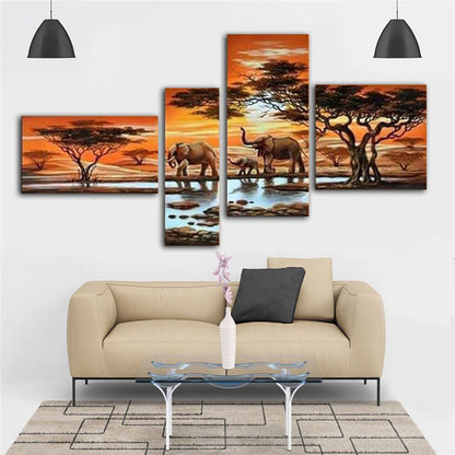 Sunset Savannah - Quadrittico Panoramico Tramonto Africano