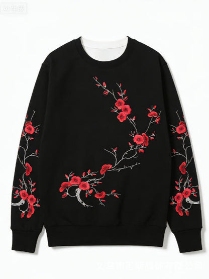 Sweatshirt Red Blossom – Girocollo Nero con Stampa Artistica Rami di Prugno (S-5XL)