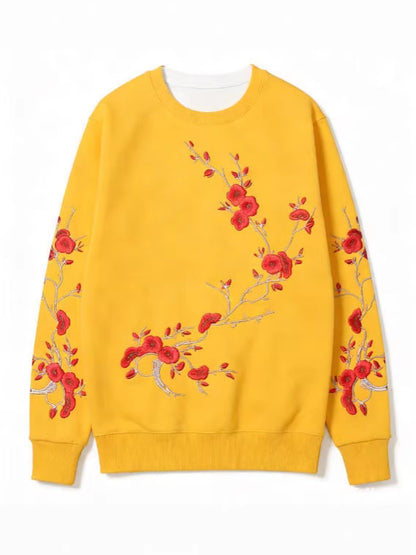 Sweatshirt Red Blossom – Girocollo Nero con Stampa Artistica Rami di Prugno (S-5XL)