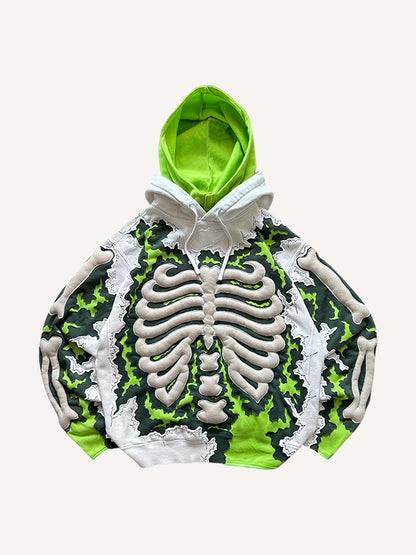 Felpa Neon Skeleton – Felpa con Cappuccio e Ossa 3D Verde Fluo