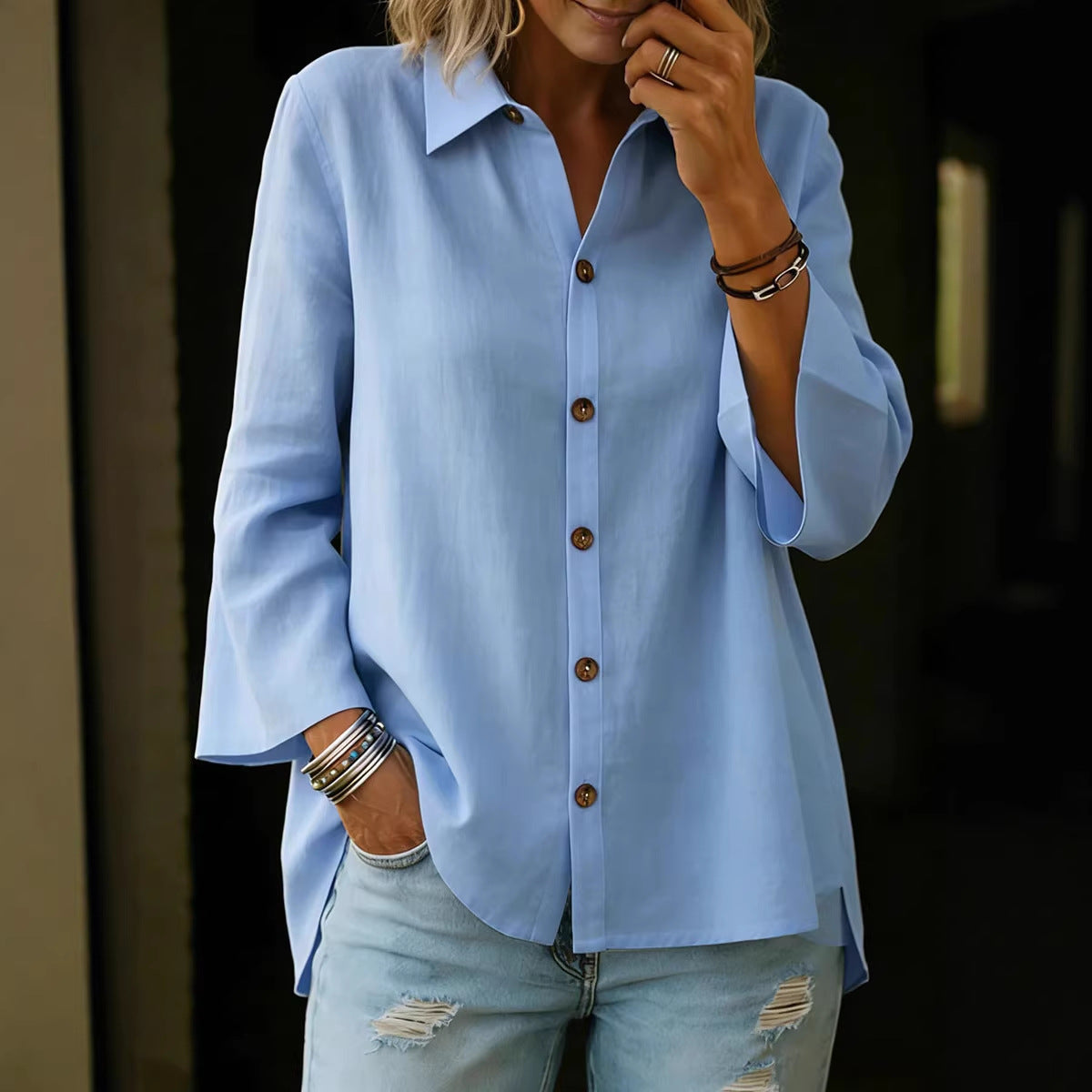 Single-Breasted 3/4-Sleeve Blouse (S-3XL)